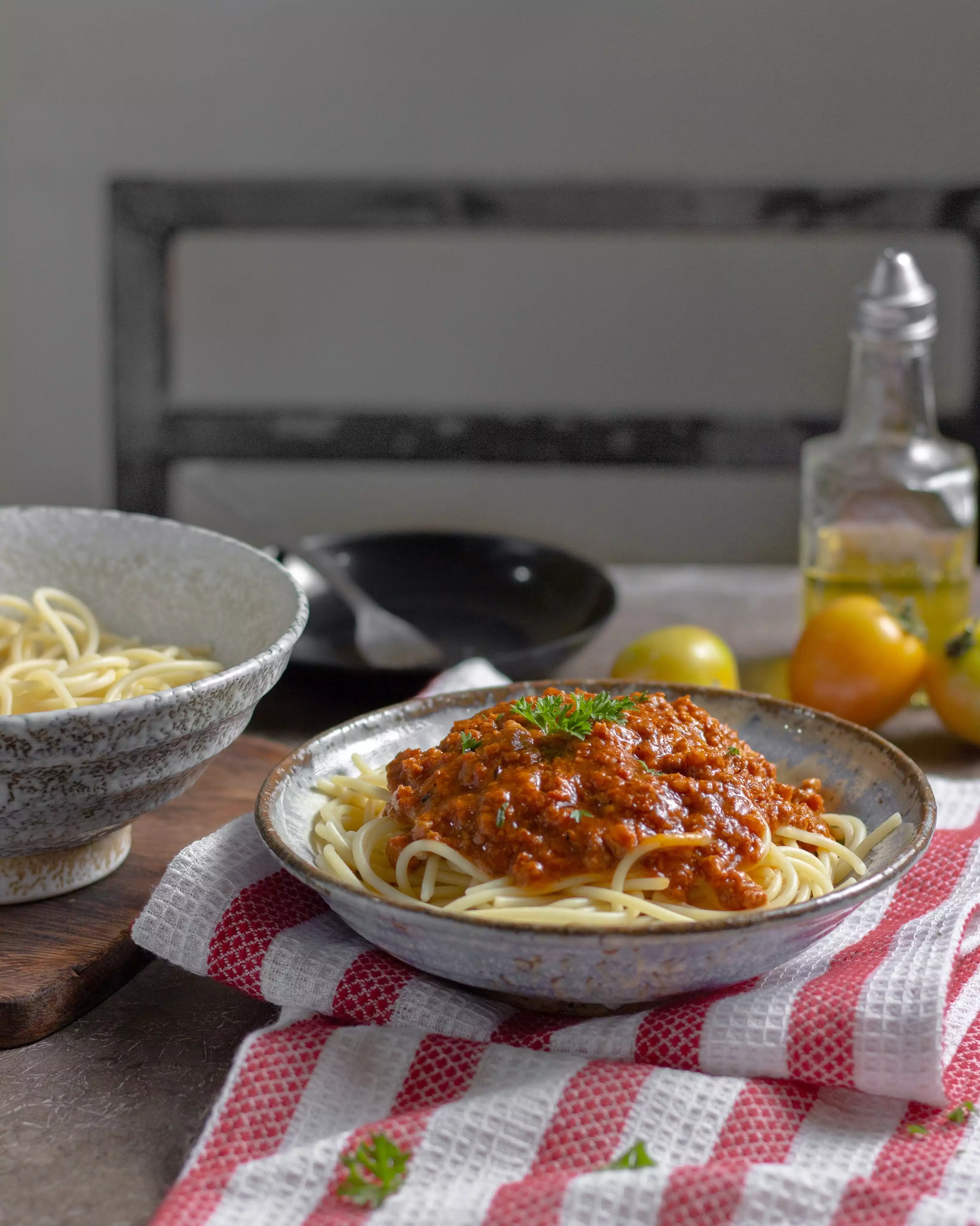bolognese in a grey bowl